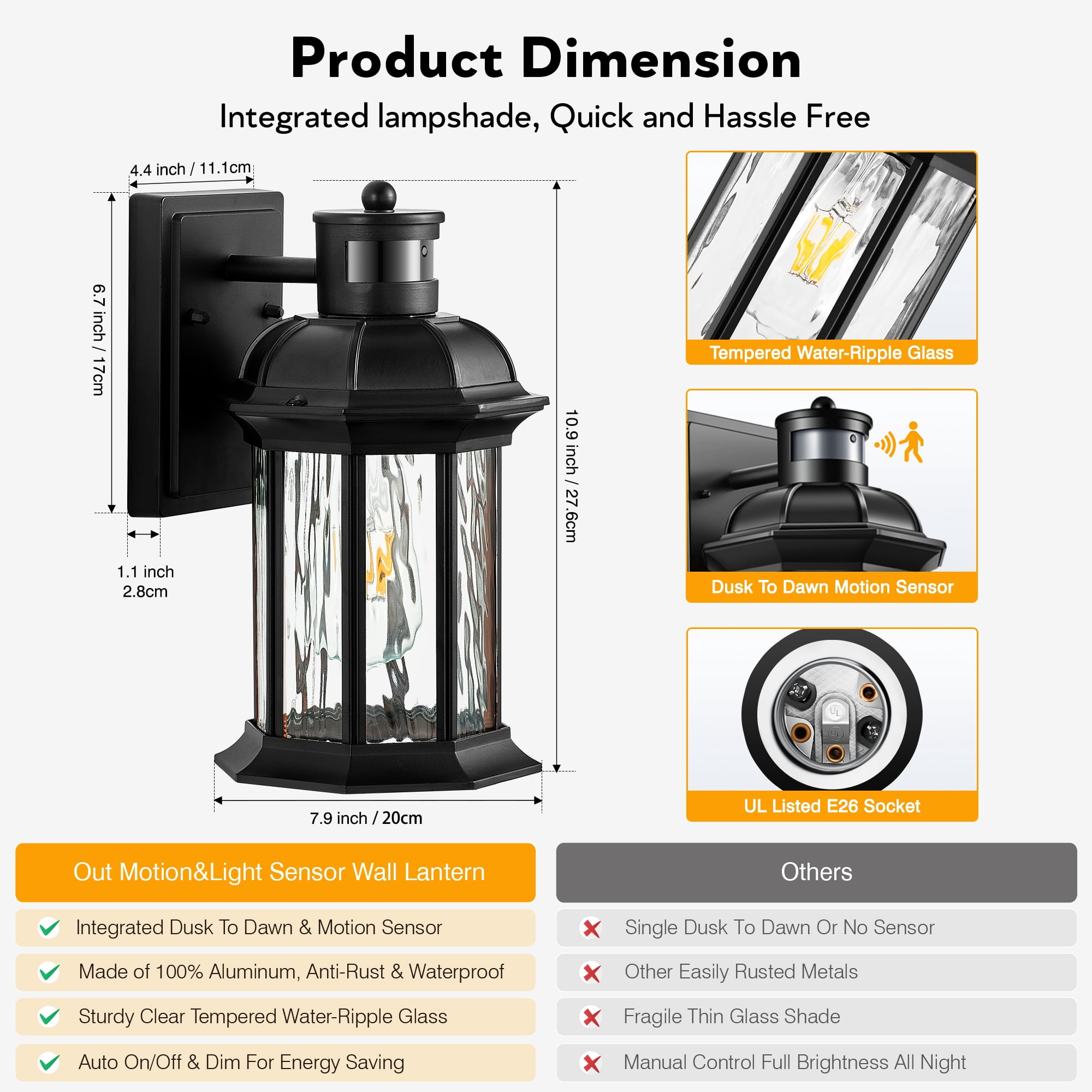 VIANIS Motion Sensor Outdoor Wall Lights, 2-Pack Black Outdoor Light Fixture, Exterior Lights for House, Front Porch Light Lantern Wall Mount Sconce Lighting, Dusk to Dawn Outside Lights for Patio