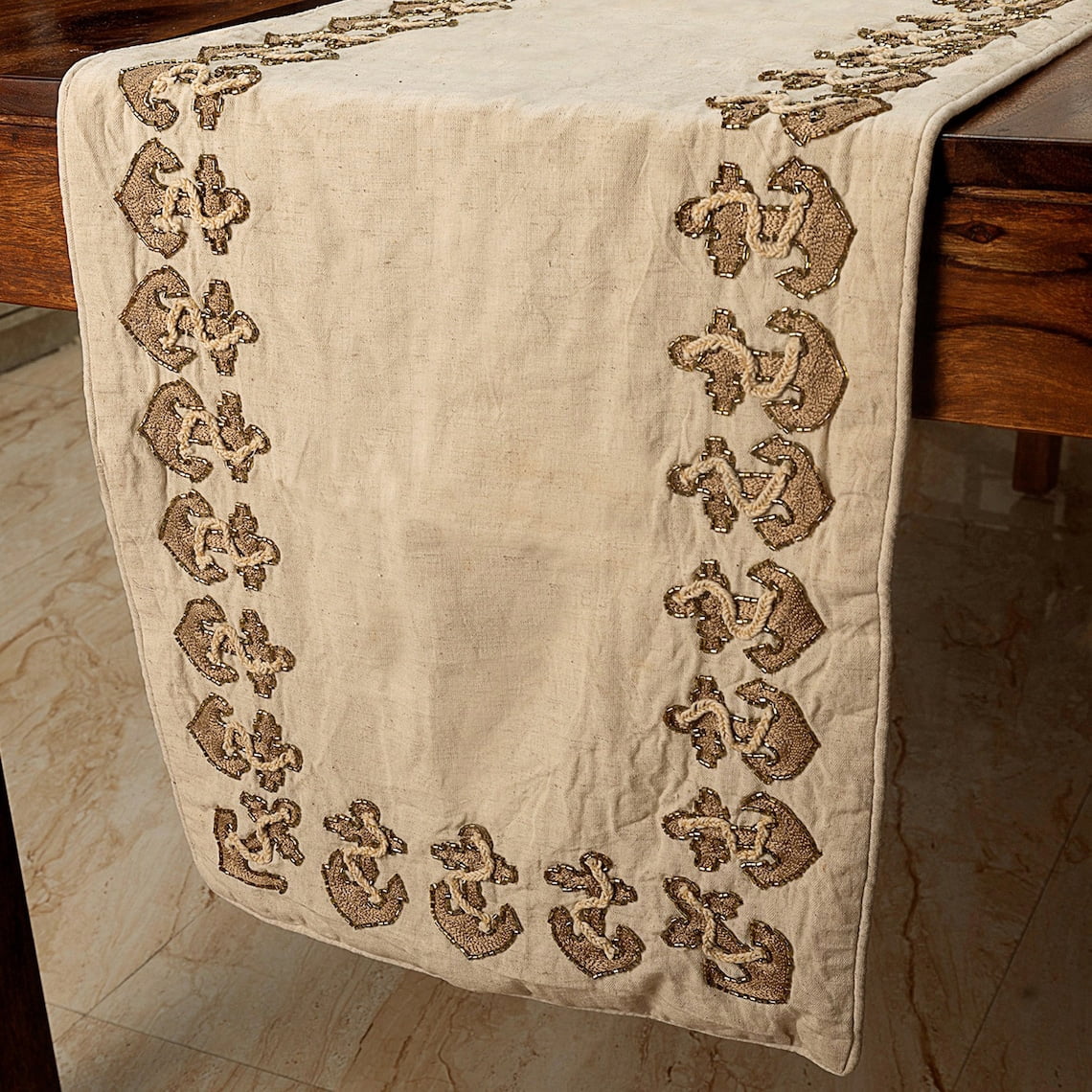 Luxury Beige Handmade Table Runner 14 x 108 inch, Beaded Embroidery Table Runner on Linen fabric - Anchor Hold