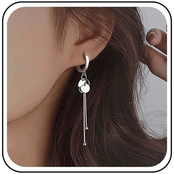 Vintage Long Tassel Chain Dangle Earrings Multiple Sequins Drop Earrings Silver Disc Coins Huggie Hinged Hoop Earring Small Round Ball Earring Jewelry for Women