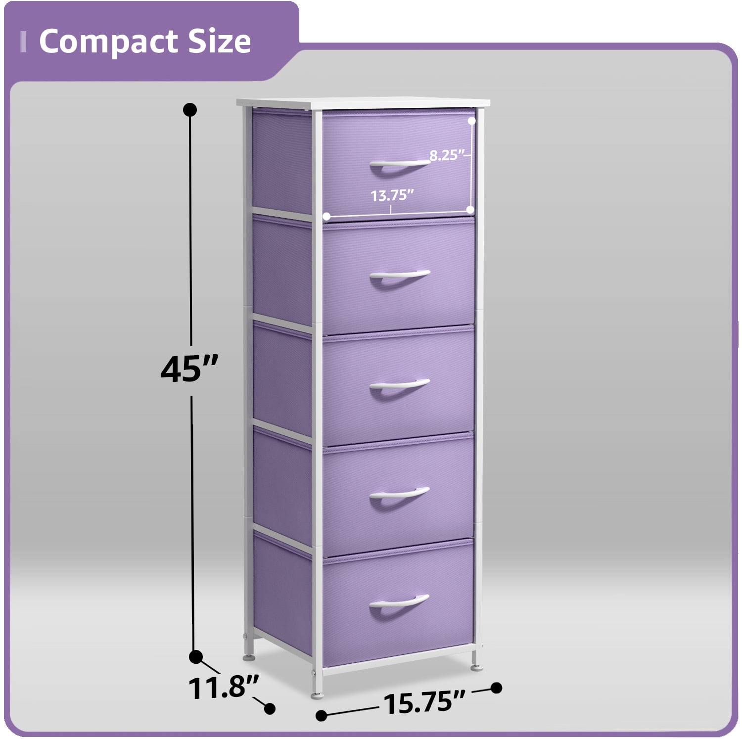 Sorbus Narrow 5-Drawer Dresser Nightstand, Purple, Steel Frame, Wood Top