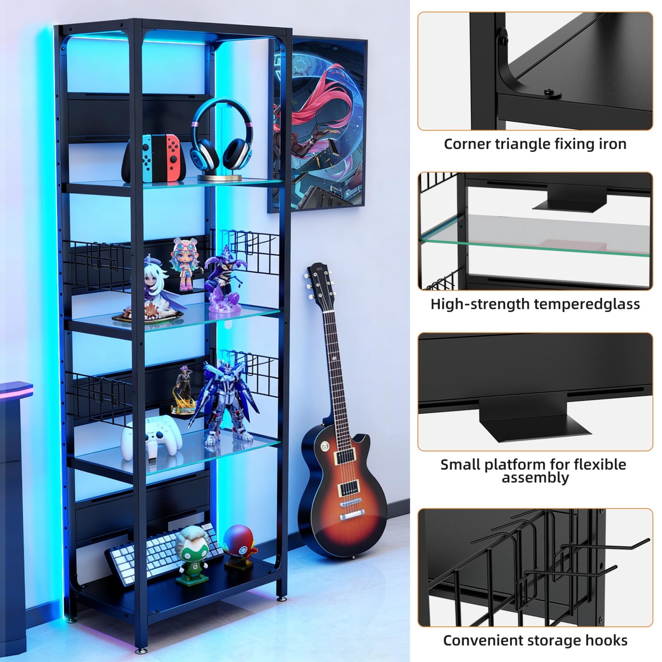 Noble House LED Lighted Curio Cabinet, 4-Tier Glass Display Stand, Adjustable Metal Frame Shelf for Living Room, Black