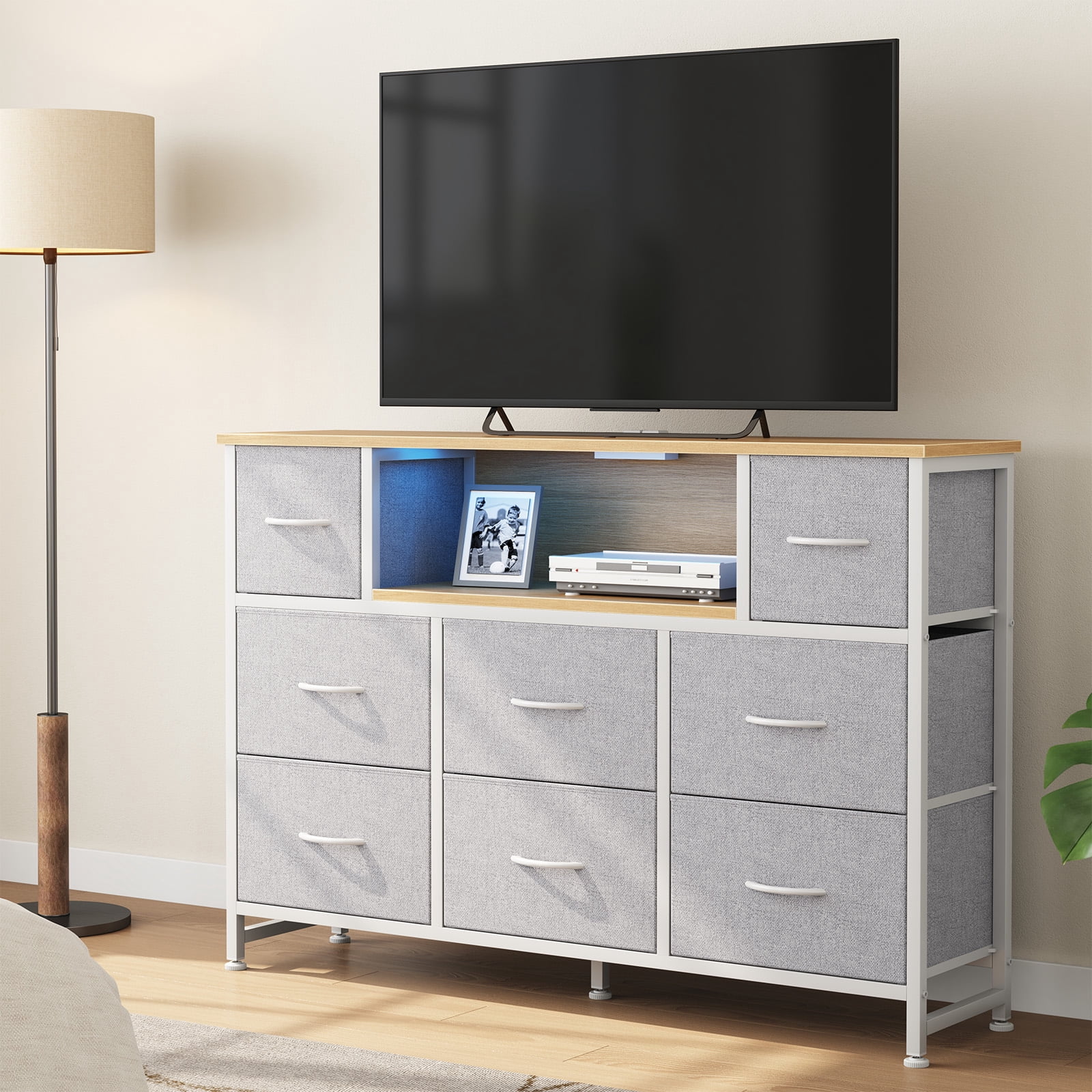 CONCETTA 55 inch TV Stand Dresser, 8 Fabric Drawers Storage Organizer for Bedroom Living Room, LED & Charging Station, Light Gray