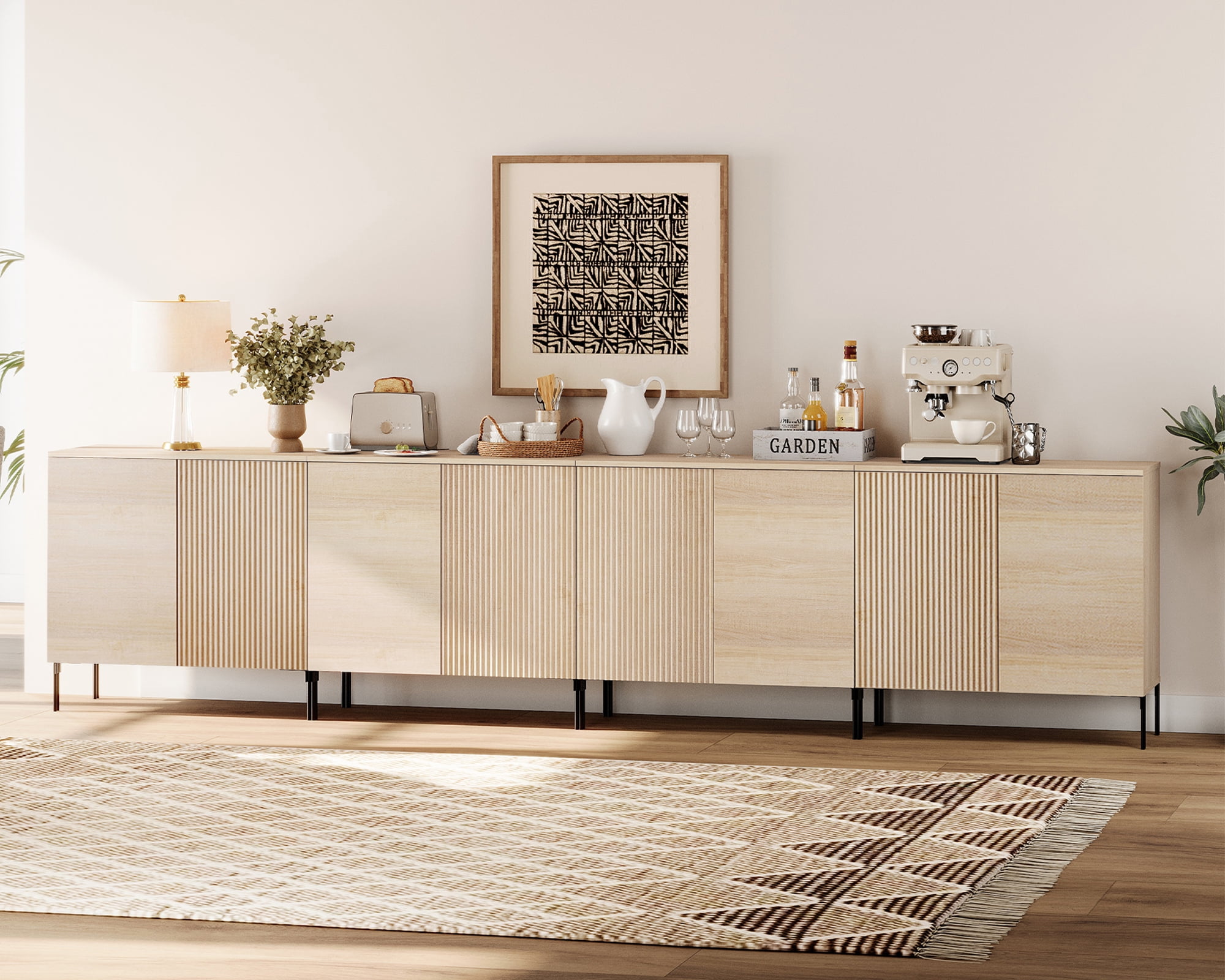 126" Wooden Fluted Sideboard with 8 Doors and Adjustable Shelves, 4-In-1 Modern Credenza Storage Cabinet for Kitchen, Dining Room