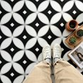 thumbnail image 2 of 10 Pcs Black White Four-Leaf Floral Peel and Stick Floor Tiles, 12x12 In Covers 10 Sq.Ft, Self-Adhesive DIY Vinyl Flooring, Removable Waterproof, Ideal for Kitchen, Bathroom, Bedroom, Home Walls, 2 of 8