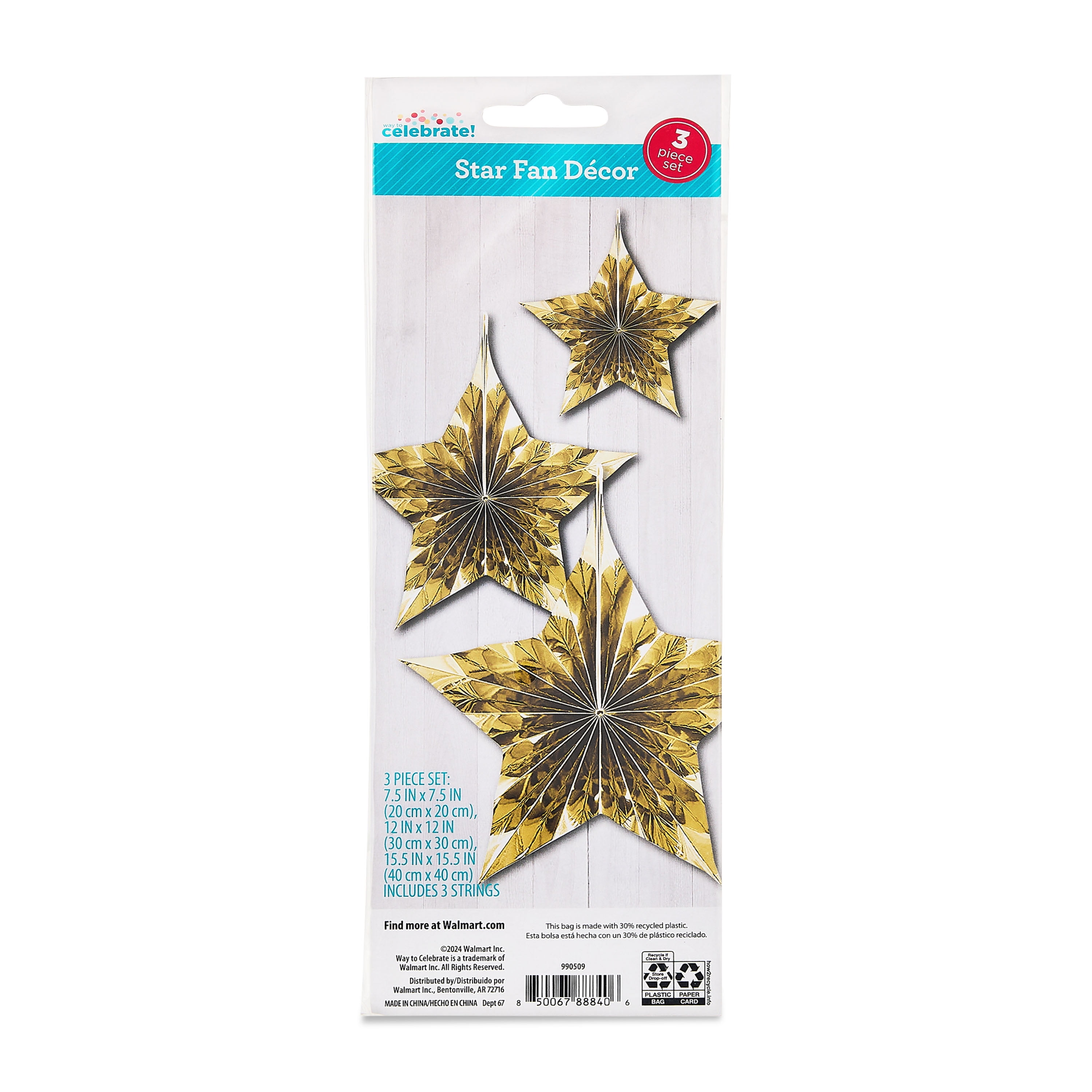 Way To Celebrate Foil Star Hanging Decorations, Gold, 3-Piece Set, 7.5 in x 7.5 in, 12 in x 12 in, 15.5 in x 15.5 in