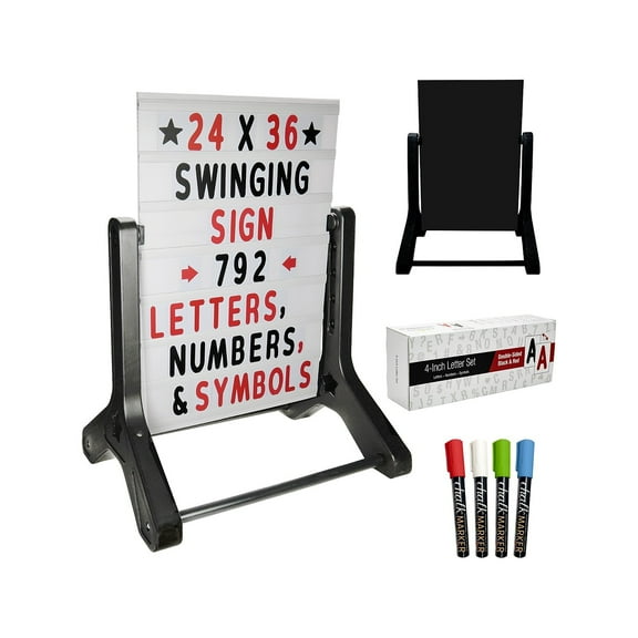 Excello Global Products Swinging Changeable Message Sidewalk Sign with 792 Pre-Cut Double Sided Letters and Storage Box. Includes Black Sign Board & 4 Liquid Chalkboard & Letter Board, 24"x36"
