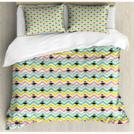 Chevron Stripe Duvet Flamingo Duvet Cover Set, Pastel Color Chevron Zigzag Stripes with Black Flamingo Silhouettes Exotic Summer, Decorative Bedding Set with Pillow Shams, Multicolor, by Ambesonne ()