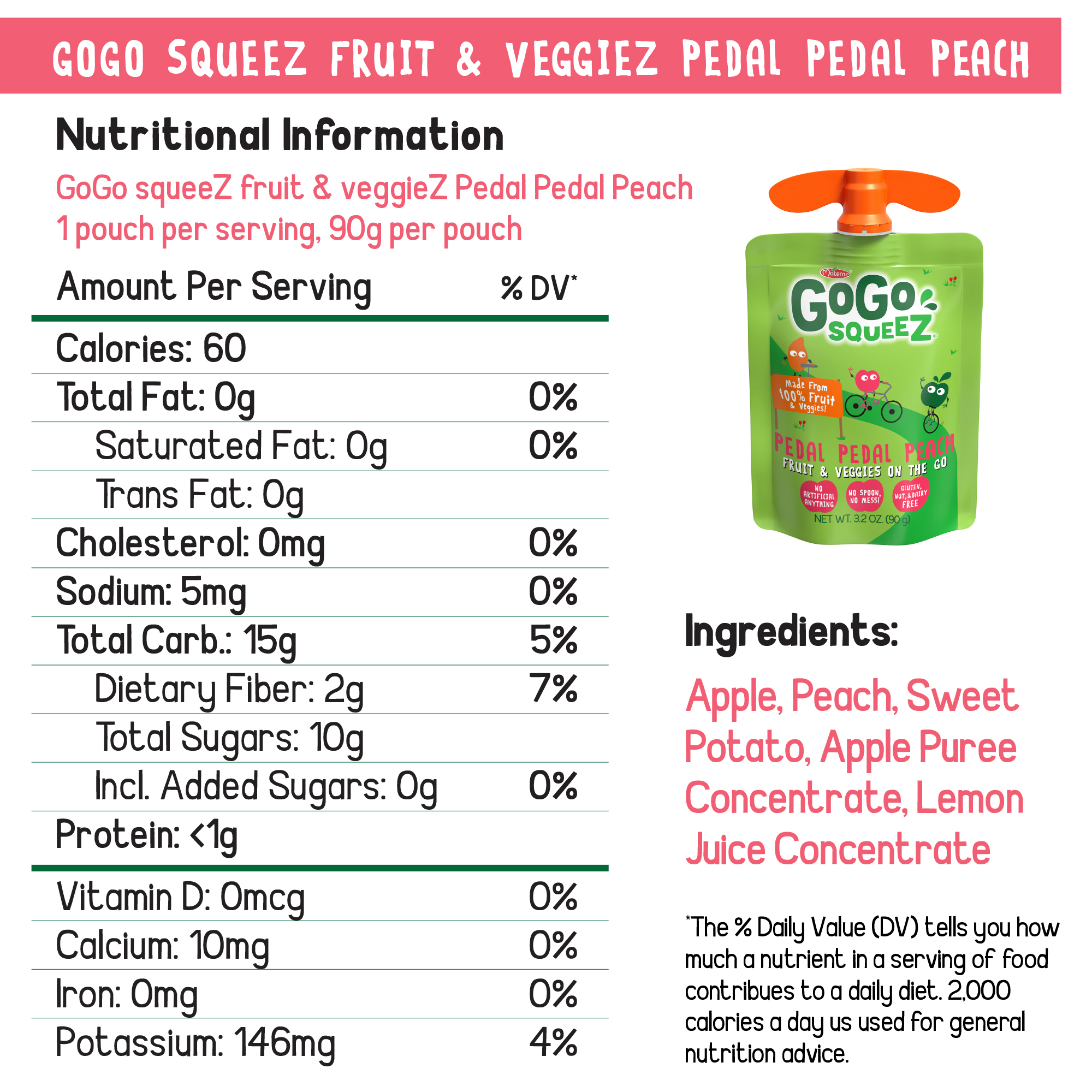 (4 Pack) GoGo squeeZ Fruit & VeggieZ Gluten-Free Peach Snack Pouch, 3.2 oz, 4 Pack