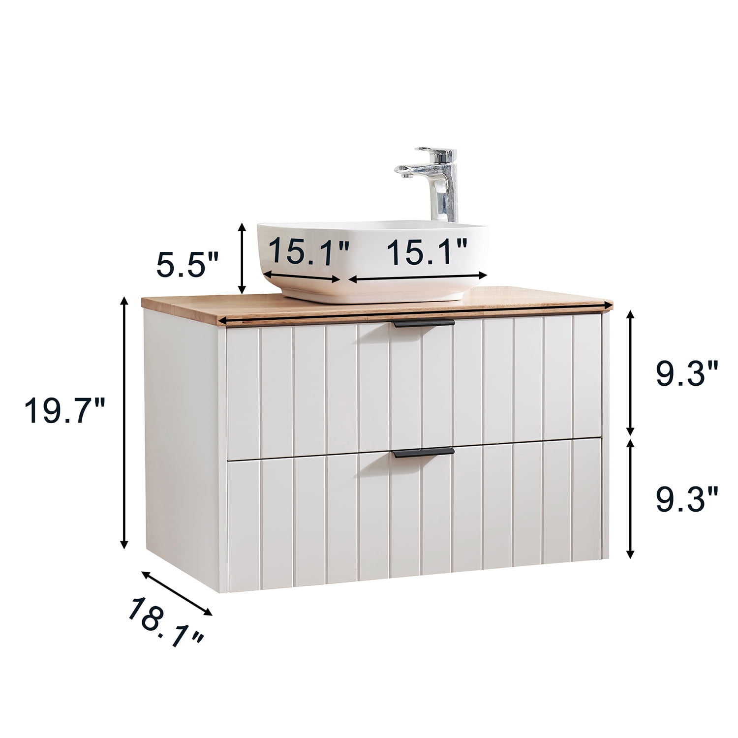 Demi Bonn 31" Double Drawer Wall-Mounted Bathroom Vanity with Solid Wood Natural Top, Square Art Ceramic Sink, Faucets and Drains Not Included, White