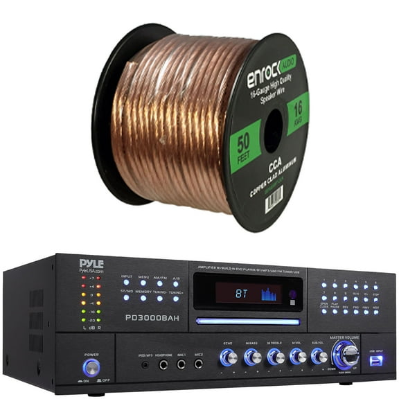 Pyle PD3000BAH 4-Channel 4000W Bluetooth Home Audio Amplifier – HDMI, USB, FM Radio, CD/DVD Player, Dual Mic Inputs w/Echo, Rack Mount Karaoke Receiver Bundle Combo With 50 Feet 16 Gauge Speaker Wire