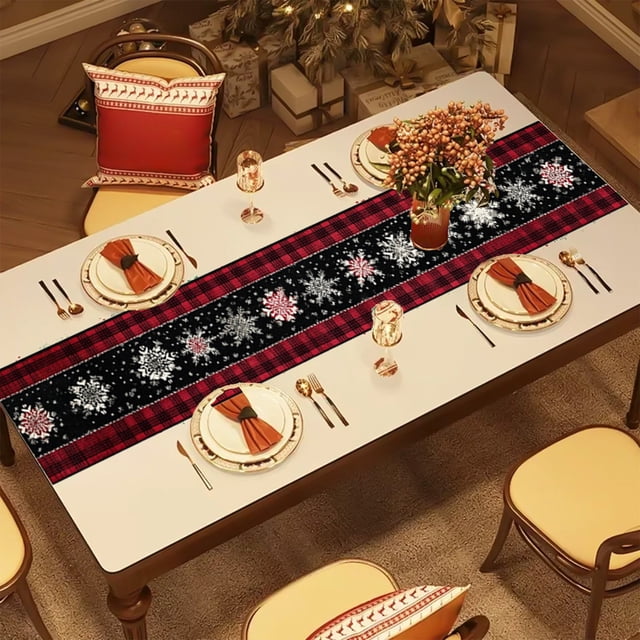 Christmas Tablecloth Waterproof Long Table Flag | Festive Holiday Decoration for Coffee Dining Room Tables | Snowflake Pattern Table Cover for Home Living Room Kitchen