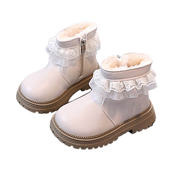Quealent Girls Ankle Boots Kids Chelsea Booties Side Zipper Comfortable Slip on Lug Sole Low Heel Fall Boot Fur Lined Warm Winter Shoes for Toddler Little Kid Beige for Size 12