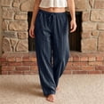 thumbnail image 2 of Domzest Striped Pants for Women Drawstring Elastic High Waist Wide Leg Linen Blend Trousers Casual Comfy Palazzo Pants with Pockets Navy S, 2 of 5