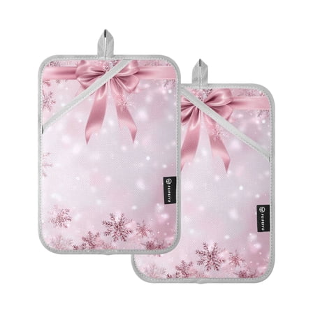 Christmas Pink Silk Bows Pink Snowflakes Valentine Potholders Heat Resistant Pot Holder Set of 2 Oven Hot Pads with Pocket