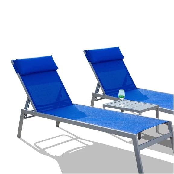 JERFIT 3-Piece Outdoor Chaise Lounge Set with Adjustable Reclining Backrest, Textilene Fabric Sun Lounger Chairs and Side Table for Pool, Patio, Garden (Blue)