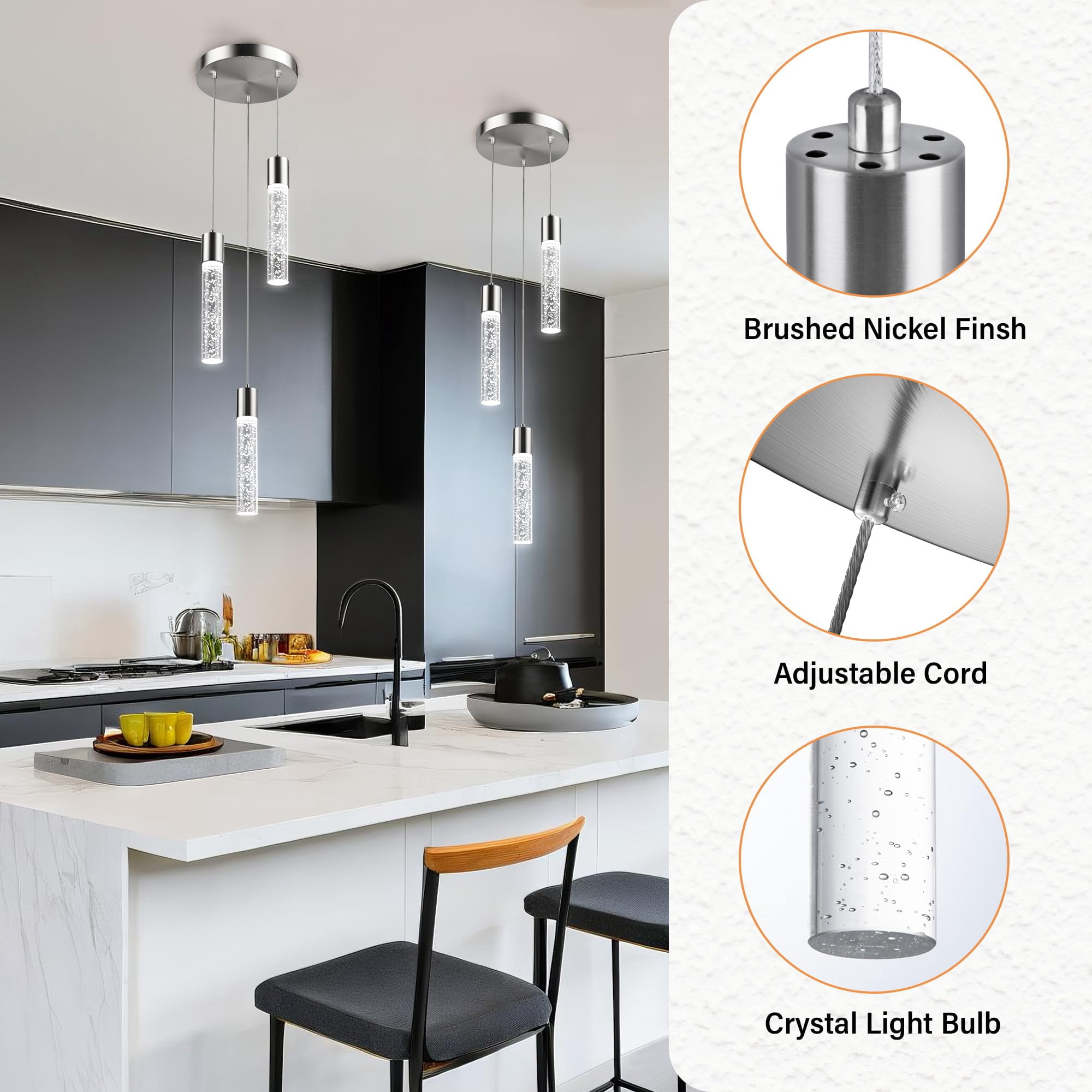 3 Lights Pendant Lights Kitchen Island, Modern Kitchen Island Lights, Ceiling Lighting Fixtures with Crystal Bubble, Integrated LED Hanging Light Nickel&nbsp;