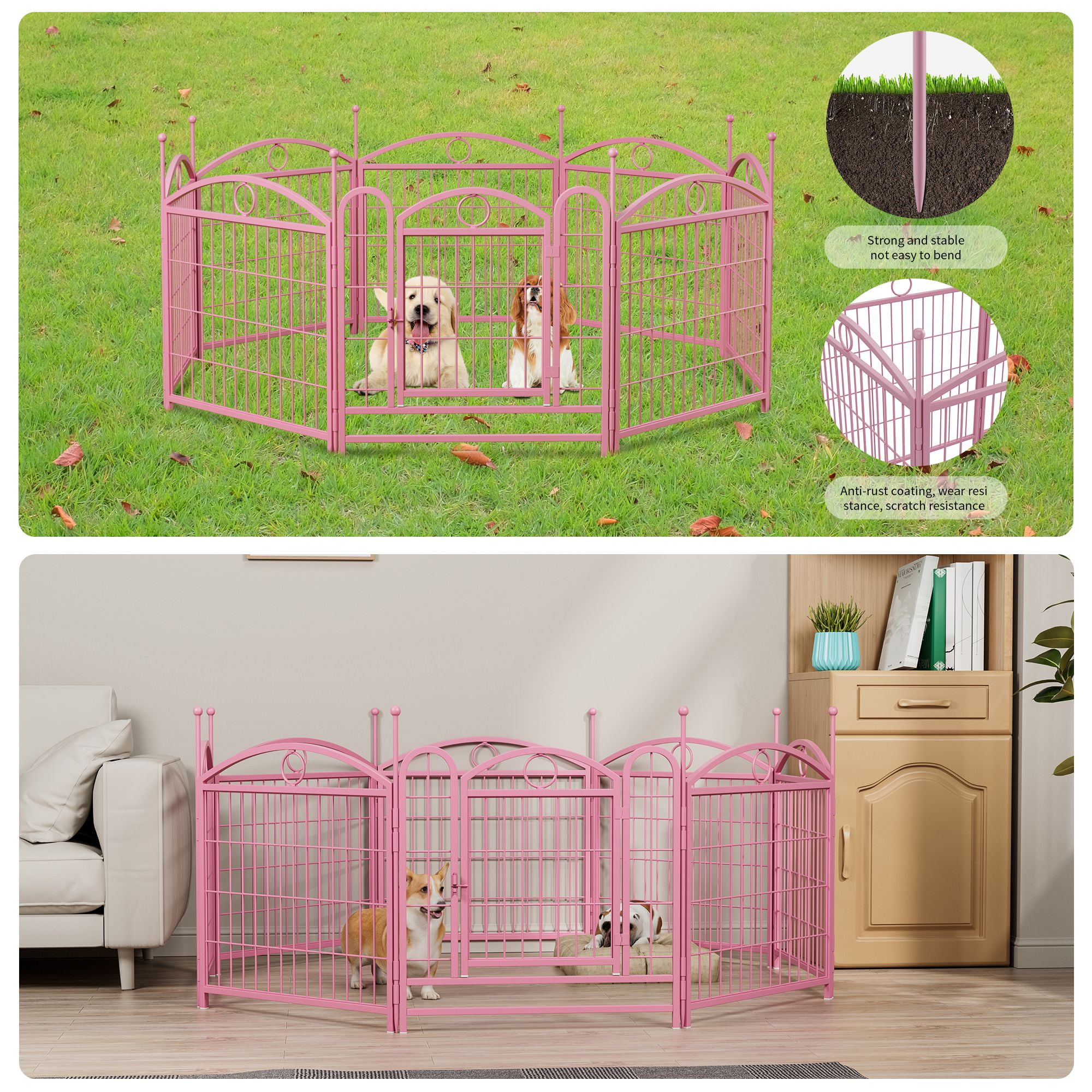Pefilos Outdoor Dog Playpen with Doors, 24" 8 Panels Indoor Dog Fence Metal Dog Pen Pet Puppy Exercise Pen for RV Camping Garden Yard, Pink