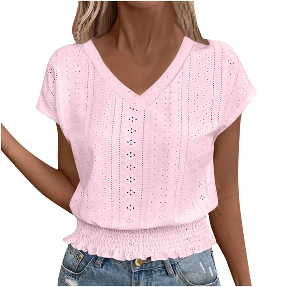 qucoqpe Women's Summer Tops Fashion Casual Solid V Neck Short Sleeve T-Shirts Elastic Waistband Blouses