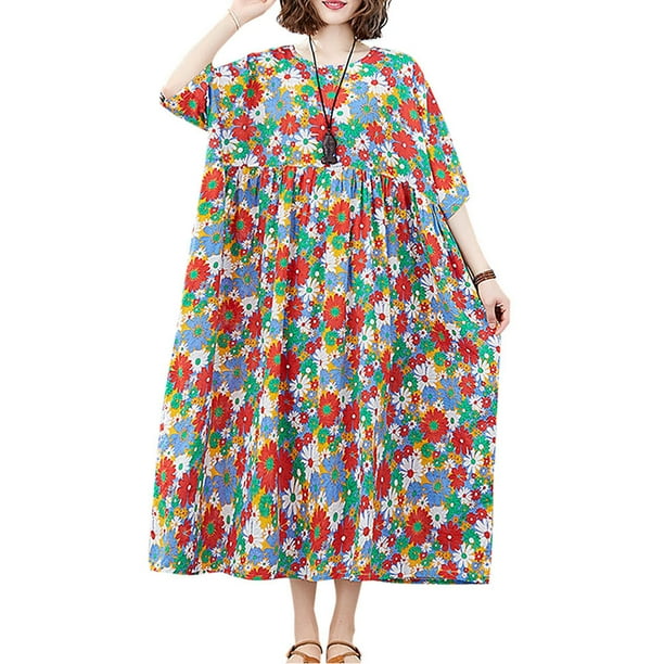 Vestido de lino de algod贸n para mujer, vestido largo vintage de manga corta con cuello redondo Irfora 4