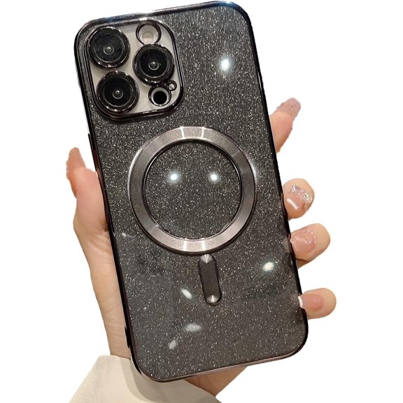 for iPhone 14 Pro Max Magnetic Glitter Case, Cute with Camera Lens Protector, Compatible with MagSafe, Soft TPU Slim Shockproof Clear Protective Phone Case Cover for Women Girls, Black