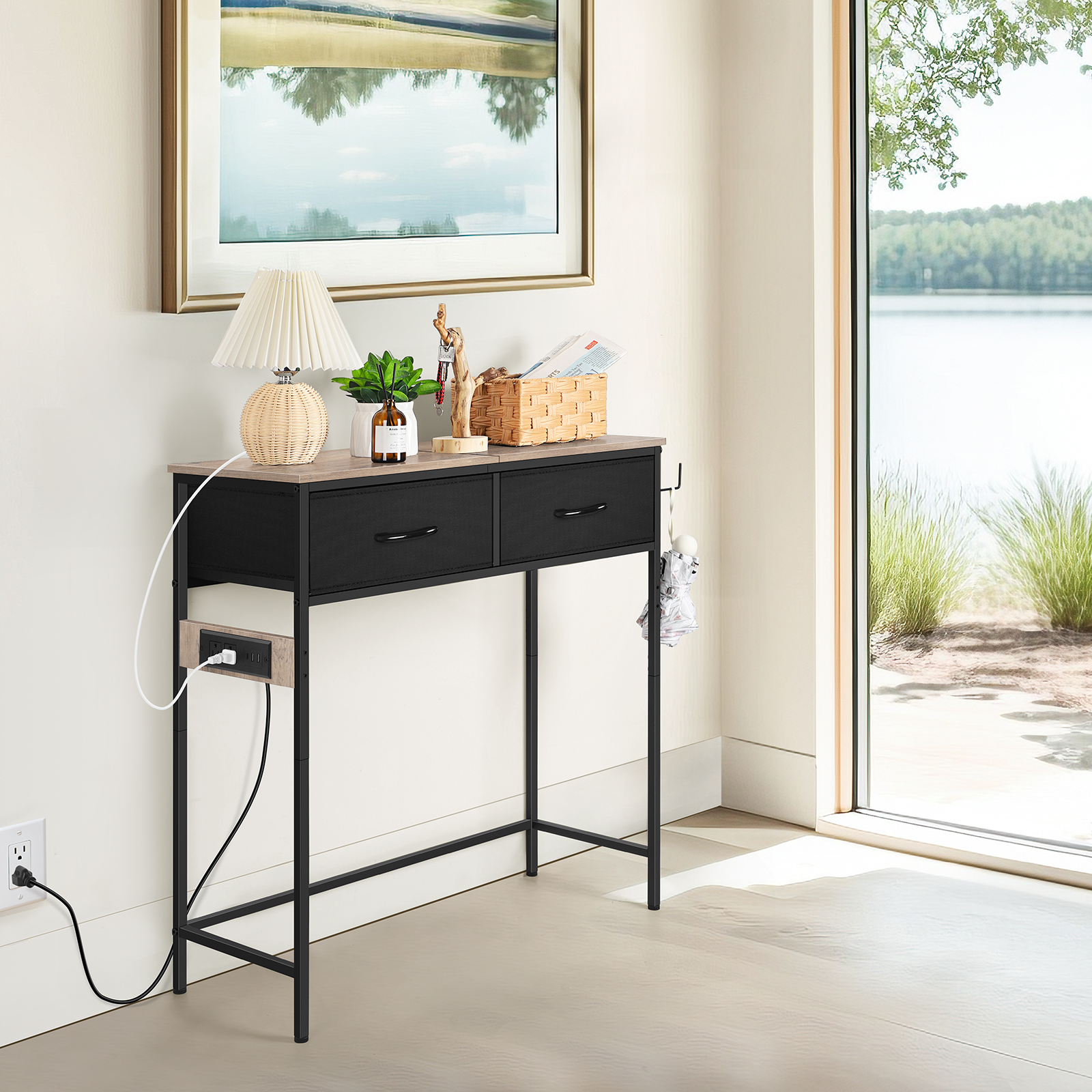 Industrial Console Table with Charging Station, 31.5 Inch Narrow Entryway Table with 2 Fabric Drawers, Side Hook & Adjustable Feet Gray