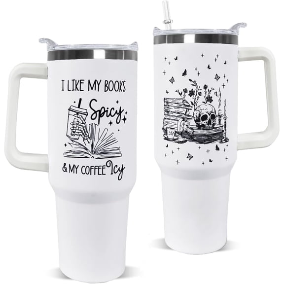 40oz Insulated Tumbler with Handle & Straw - Goth Skull Book Lover Travel Coffee Mug, Gift for Women Readers, Bookworms & Librarians (Bookish Accessories)