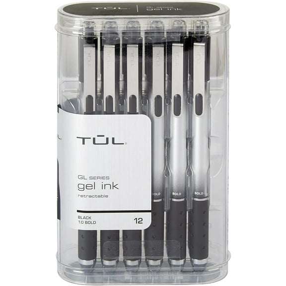 TUL GL SeriesRetractable Gel Pens, Bold Point, 1.0 mm, Silver Barrel, Black Ink, Pack Of 12 Pens