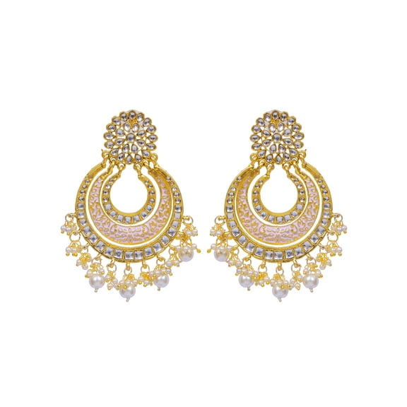 Crunchy Fashion Bollywood Jewellery Traditional Ethnic Bridal Bride Wedding Bridesmaid Gold Tone Pink Pearl Polki Chandbali Indian Earrings Jewelry Set For Women