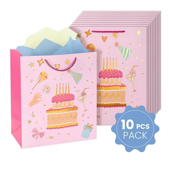 Cheinxy 13.7'' Happy Birthday Gift Bag with Handles and Tissue Paper for Men Women Girls Boys,10 Pcs