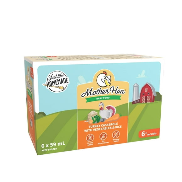 Mother Hen Baby Food Stage 1 Turkey Casserole with Vegetables and Rice Purée Meal, No Salt or Sugar Added, 6x59 ml