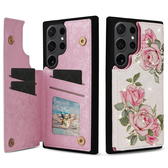 Dteck for Samsung Galaxy S23 Ultra Case Wallet with Card Holder, Floral Flower Pattern RFID Blocking PU Leather Kickstand Shockproof Flip Case for Women Girls,Double Magnetic Clasp,Three Roses