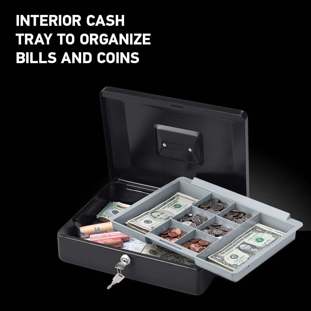 Durable Metal Cash Box with 5 Money Tray Black,12Inch Masmartox Cash Box with Keyed Lock 