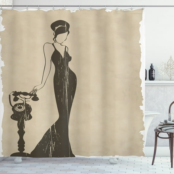 Vintage Woman Shower Curtain, Woman Model Silhouette in Stylish Dress Waiting for Telephone Call, Fabric Bathroom Set with Hooks, 69W X 75L Inches Long, Beige and Dark Taupe, by Ambesonne