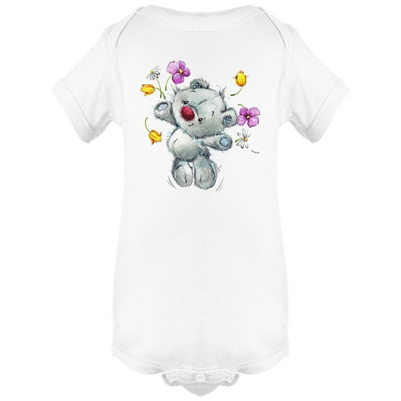 Grey Teddybear With Flowers Bodysuit Infant -Image by Shutterstock,  6 Months