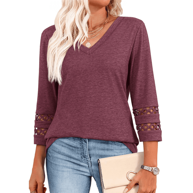 Blusas Elegantes e Informales de 3/4 para Mujer, Camisetas de Cuello en V A , Ropa de Verano 2025. Rojo Púrpura L