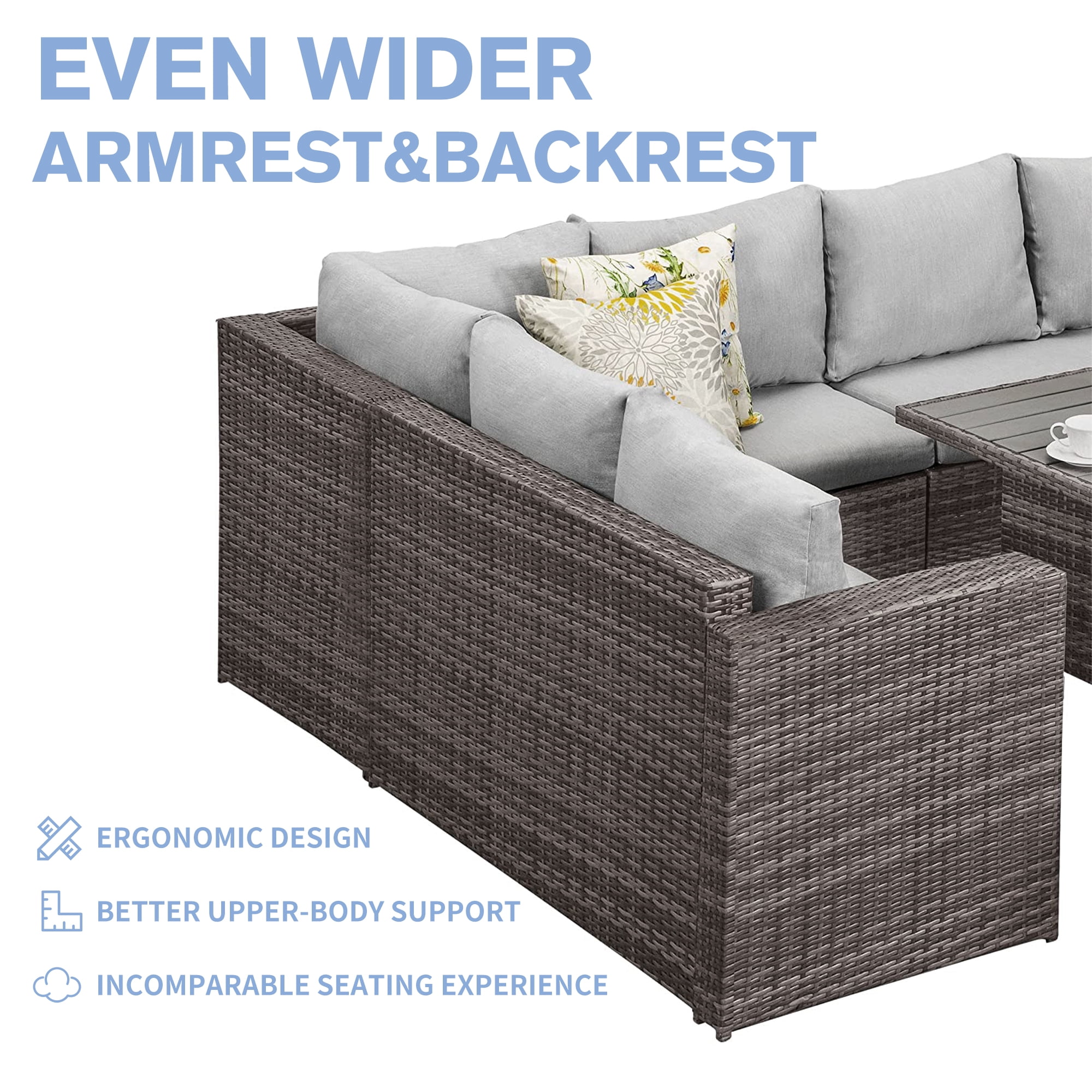 Heynemo 7-Piece Outdoor Patio Furniture Set, PE Rattan Sectional Sofa with Dining Table & Cushioned Ottomans