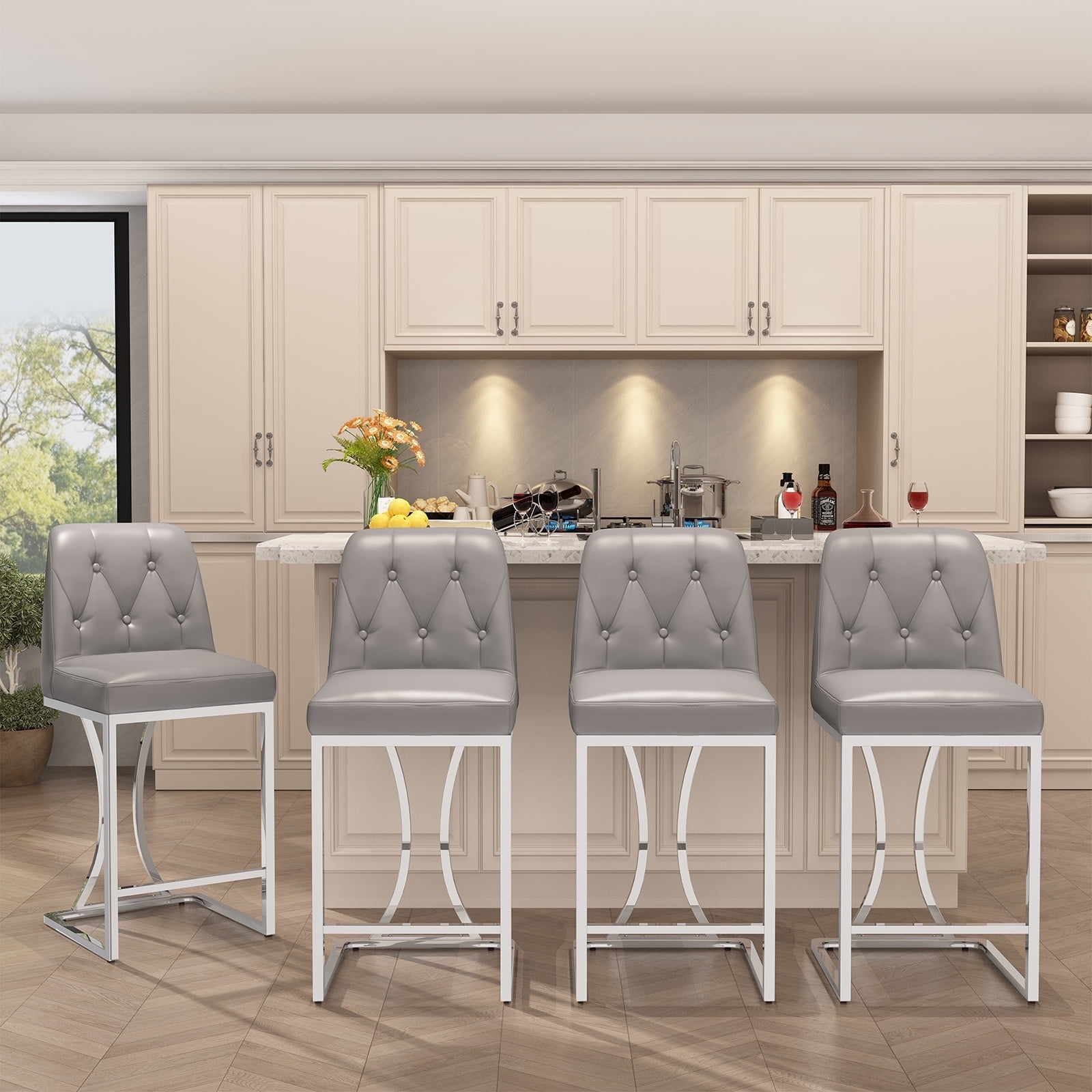 iooHug Set of 4 Gray Counter Height Bar Stools, 24" PU Leather Kitchen Island Chairs with Back and Sliver Metal Legs, Modern Bar Chairs for Home or Cafe