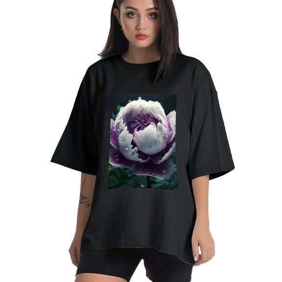 Plus Size Shirt for Women Black Tops for Women Short Sleeves Shirt for Women Peony Flower T Shirt Crewneck Shirt for Women XS