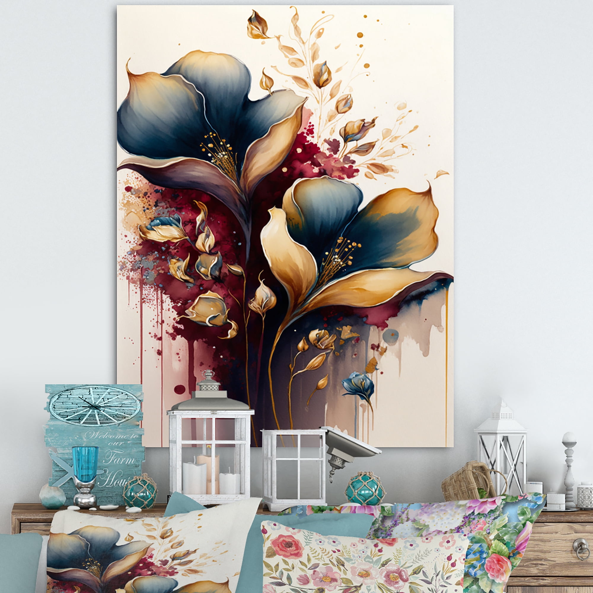 Designart Blue And Burgundy Cally Lily Bouquet II Canvas Wall Art