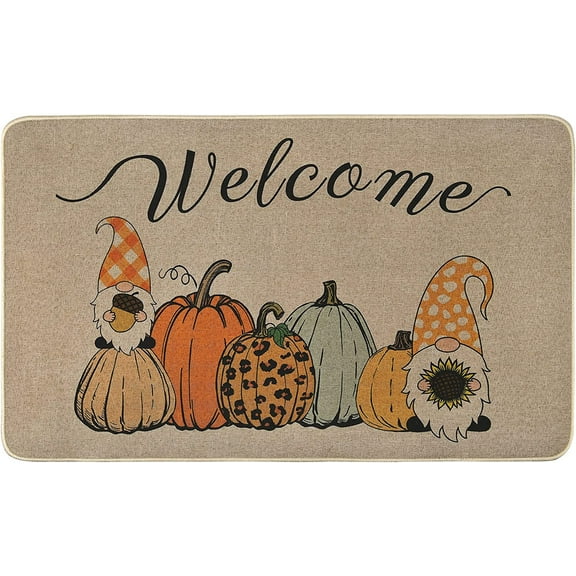 Thanksgiving Fall Door Mat Outdoor, Autumn Pumpkin Welcome Entrance Mat Indoor Outdoor, Durable Non-Slip Floor Mat Area Rug, Decorative Gnome Doormat for Kitchen Bedroom Living Room, 18 x 30 Inch