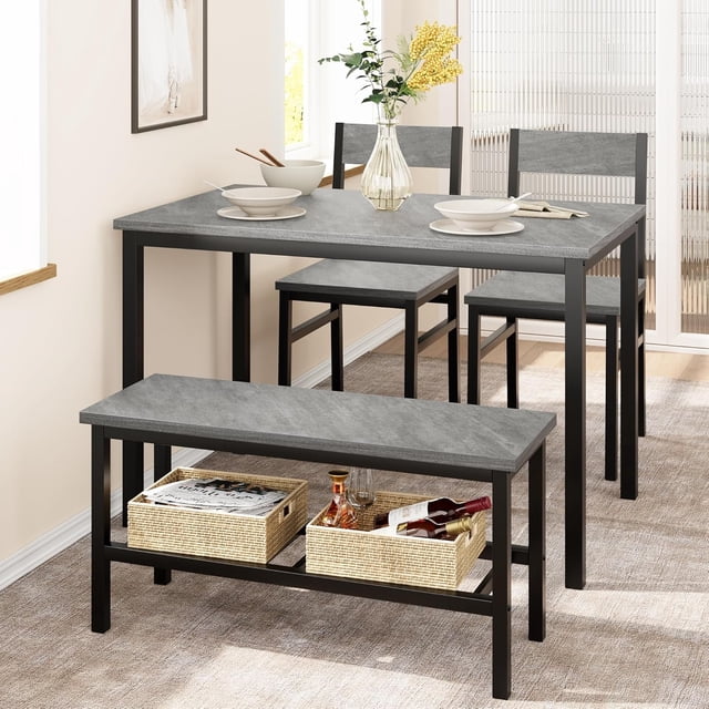 Kitchen Dining Table Set for 4 People, Kitchen Table with 2 Chairs and a Bench, 4-Person Dining Room Table Set with Storage Rack & Metal Frame, Dinette Set for Apartment, Kitchen, Small Space