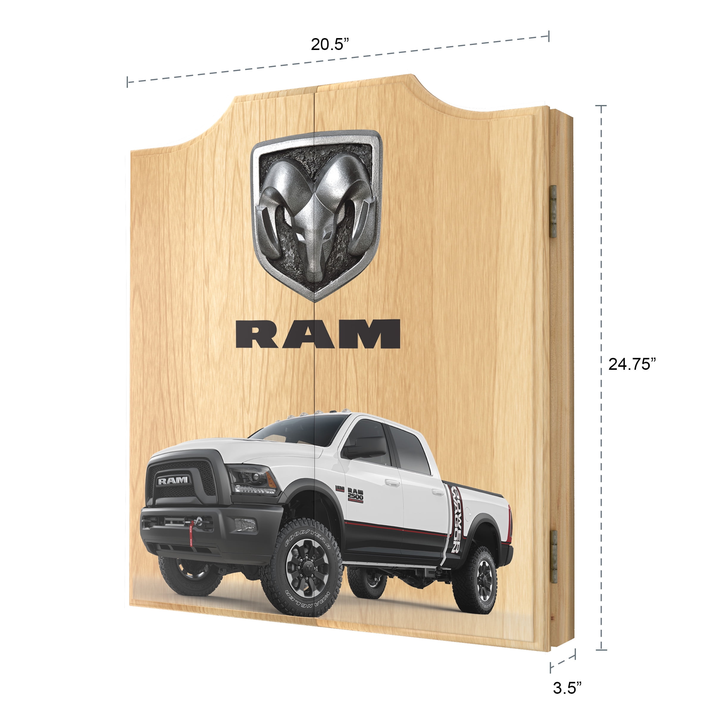 RAM Truck White Dart Board Cabinet Set with 6 Steel Tip Darts