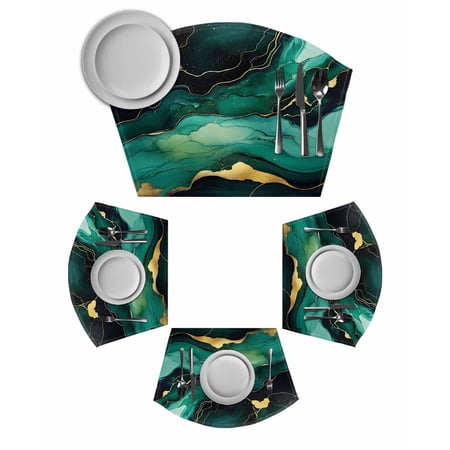 Teal Marble Round Placemats Set of 2, Modern Green Golden Abstract Ombre Texture Placemats for Round Dining Table Shape Wedge Placemats for Outdoor Indoor Wipeable Clean Table Place Mats