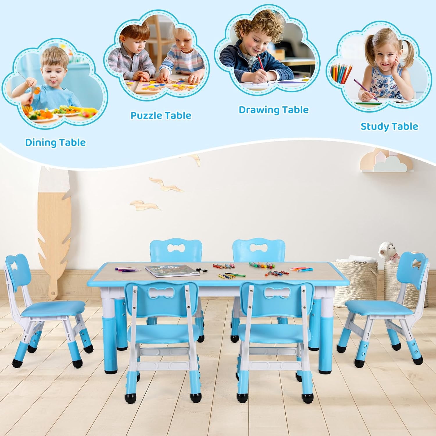 Pirecart Kids Table and 6 Chairs Set for Ages 2-10, Height Adjustable Children Arts & Crafts Table with Graffiti Desktop, Blue