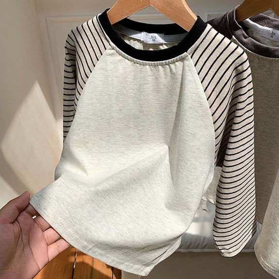 Eygvbb Girls Tops Kids Long Sleeve Crew Neck T‑Shirt Striped Color Block Pullover Top Soft Lightweight Breathable Fabric Basic Casual Layering Outfit Daily Wear for 3‑14 Years Old