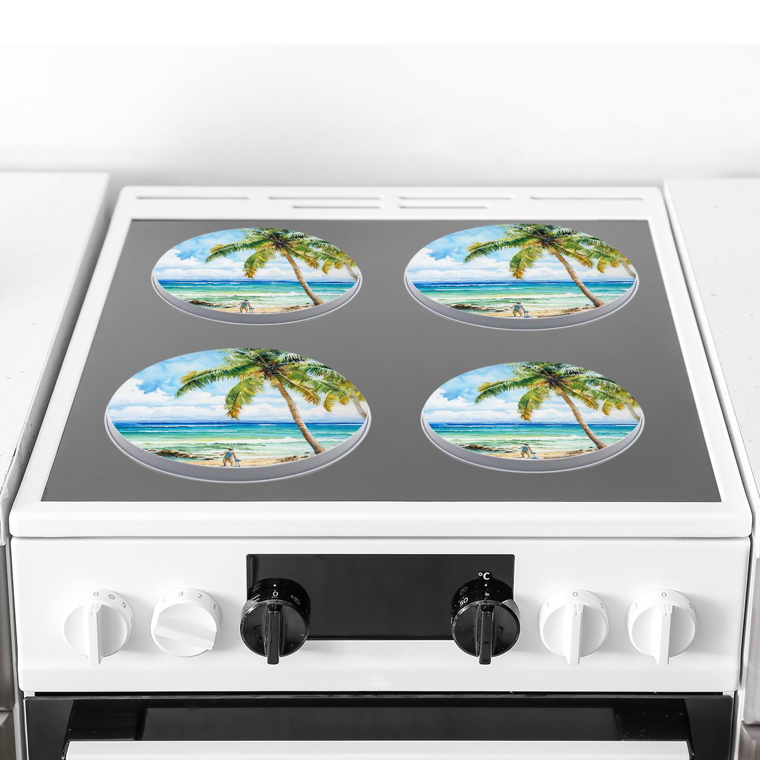 Decorative Stove Burner Covers 4 Pcs Metal Round Stove Burner Covers 8Inch And 10Inch for Home Decor Cooktop Decorative ,Ocean Beach Palm Tree Oil Painting colorful