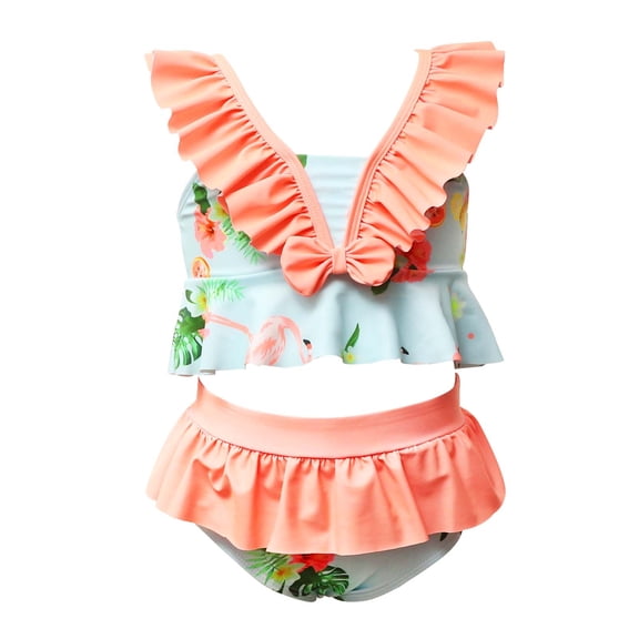 FRSASU Toddler Kids Baby Girls Summer Ruffled High Waist Bikini Print Split Swimsuit