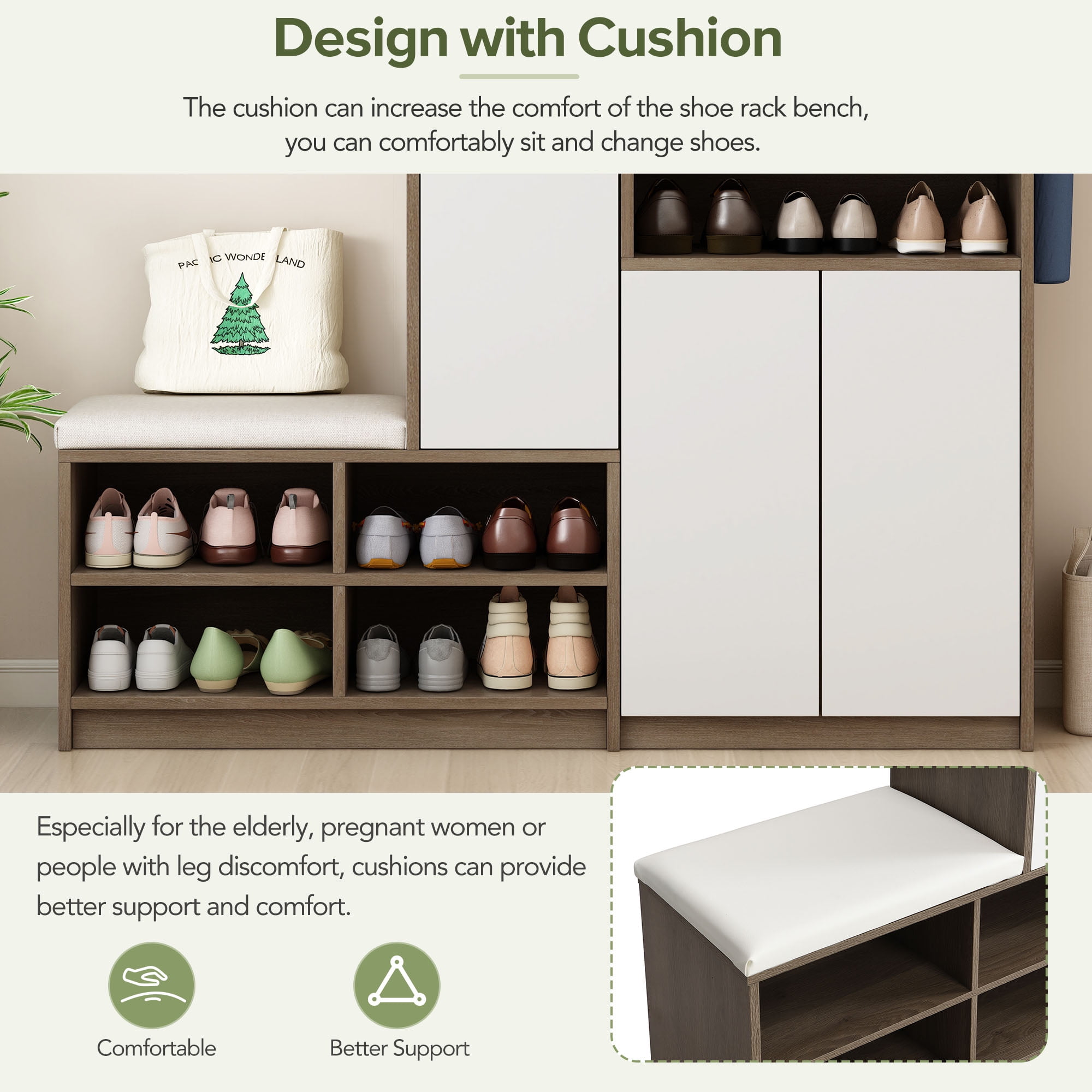 Aukfa Modern 2-in-1 Shoe Storage Bench Shoe Cabinets for Entryway ,Shoe Rack with Padded Seat - White