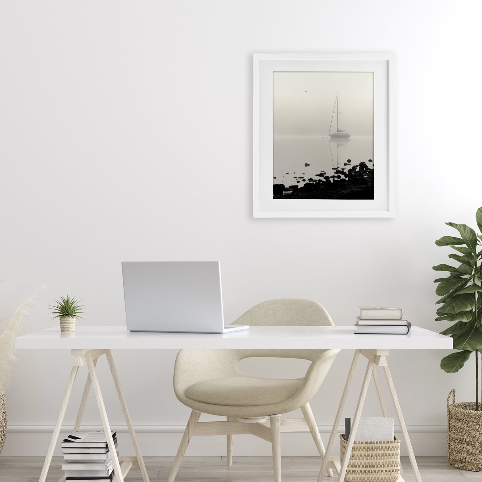 Stupell Industries Moored In Fog White Framed Print Under Glass, design by Nicholas Bell