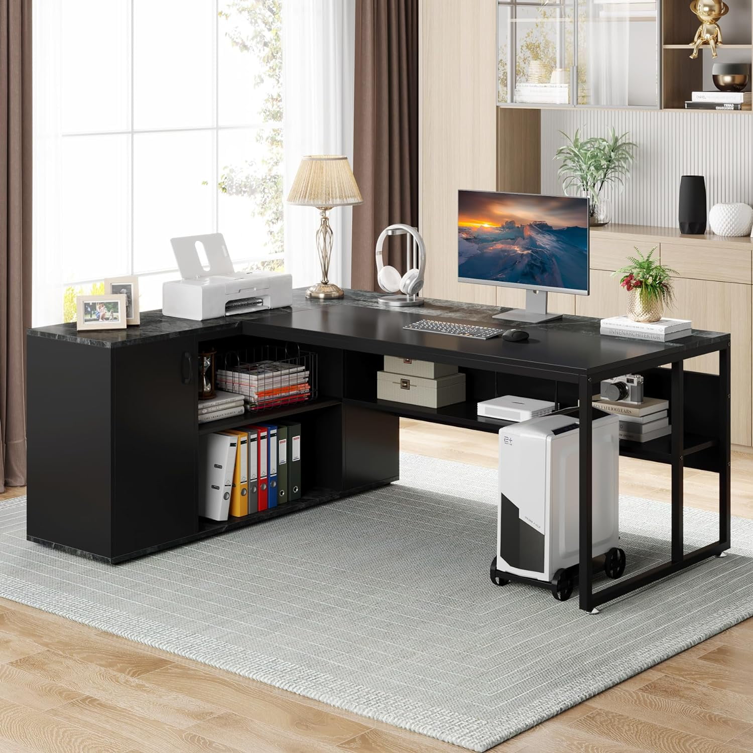 Tribesigns 71 inch L Shaped Executive Desk with Cabinet Storage, Rustic Brown Business Furniture Desk Workstation with Shelves for Home Office